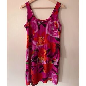 Trina Turk • 6 • 100% Silk Large Floral Print Tank Dress Ruffle Accent